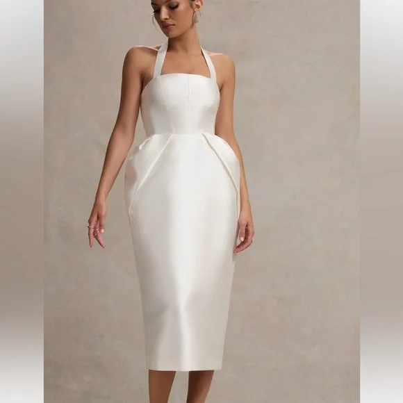 Club L London COSETTA
WHITE HALTER-NECK MIDI DRESS WITH TULIP SKIRT - Picture 7 of 10